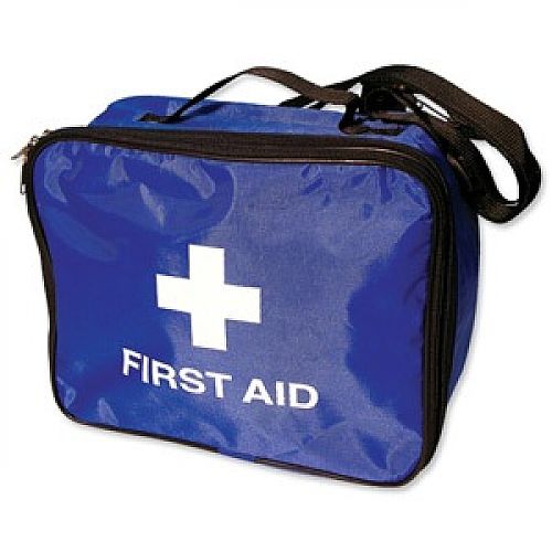 open portable first aid kit blue bag