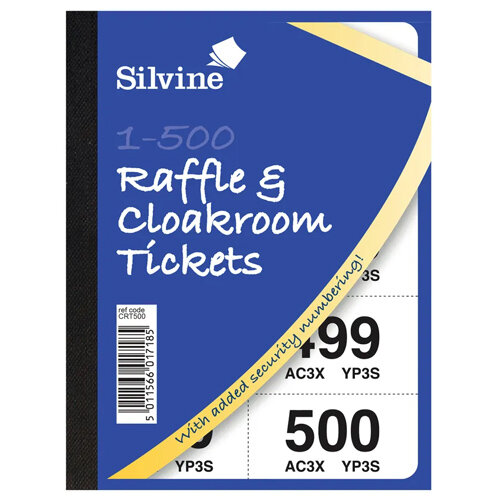 Cloakroom and Raffle Tickets Numbered 1-500 Assorted Colours Pack 12 Silvine CRT500