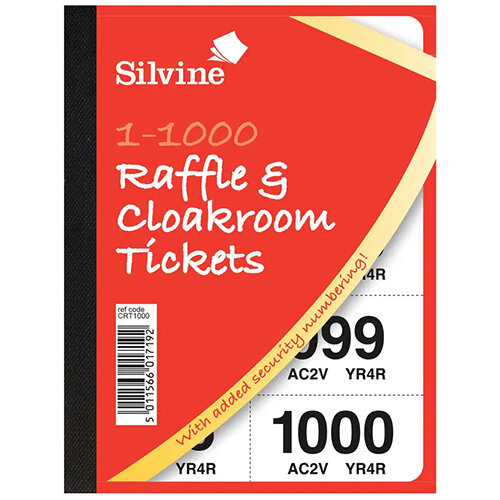 Cloakroom or Raffle Tickets Numbered 1-1000 Assorted Colours Pack 6