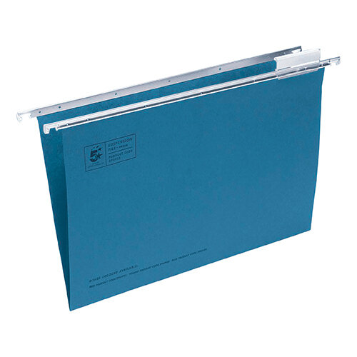 5 Star Office Suspension File with Tabs and Inserts Manilla 15mm V-base 180gsm Foolscap Blue Pack 50