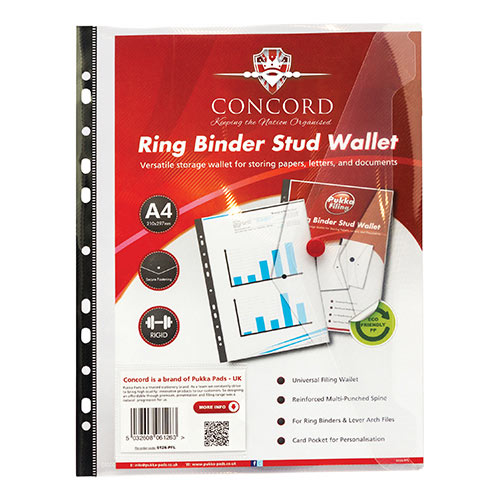 Concord Ring Binder Stud Wallet Polypropylene with Card Pocket 180 Micron A4 Clear Ref 6126-PFL Pack 5