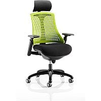 Flex Task Operator Office Chair Black Frame With Black Fabric Seat Green Back With Arms & Headrest