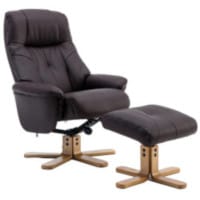 Denver Luxury Recliner Leather Look Armchair With Matching Footstool Brown With Natural Wood Finish Base