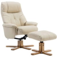 Denver Luxury Recliner Leather Look Armchair With Matching Footstool Cream With Natural Wood Finish Base