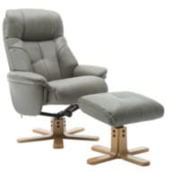 Denver Luxury Recliner Leather Look Armchair With Matching Footstool Grey With Natural Wood Finish Base