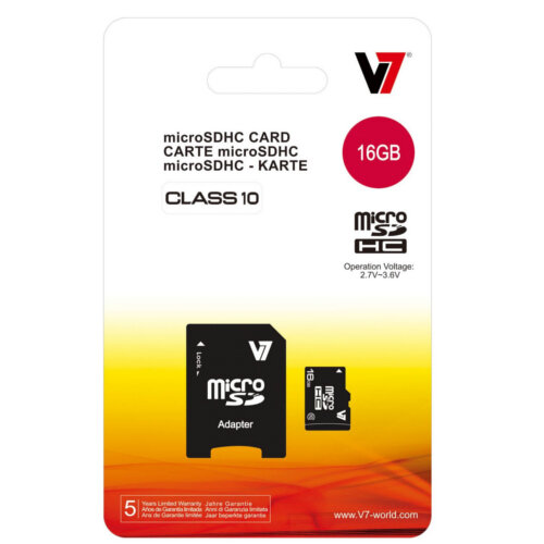V7 microSDHC 16GB Memory Card with Adapter Class 10 20 MB/s Read (Pack of 1) HuntOffice.co.uk