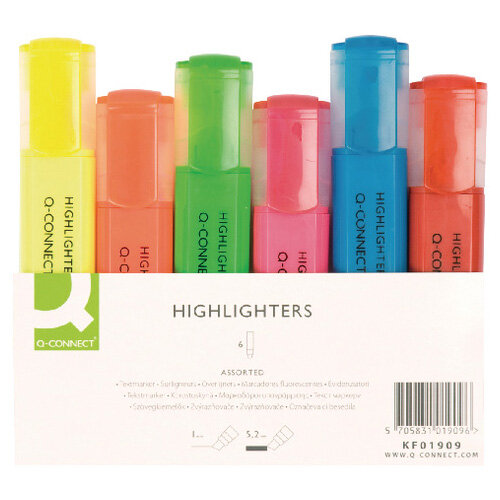 Q-Connect Highlighter Pens Assorted Colours Wallet Pack of 6 KF01909