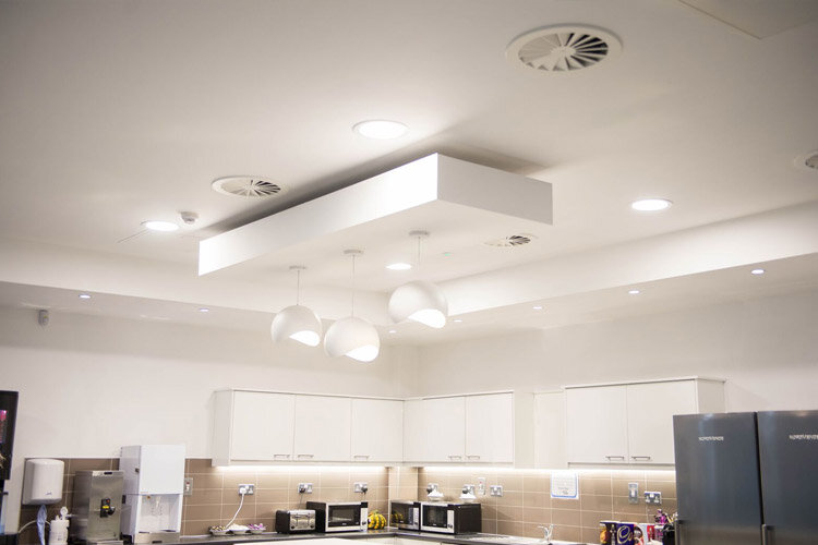 amazon contact centre in cork canteen bespoke ceiling system solution by huntoffice interiors