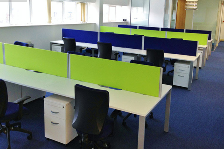 Nightline Bench Desking Systems With Acoustic Screens and Pedestals